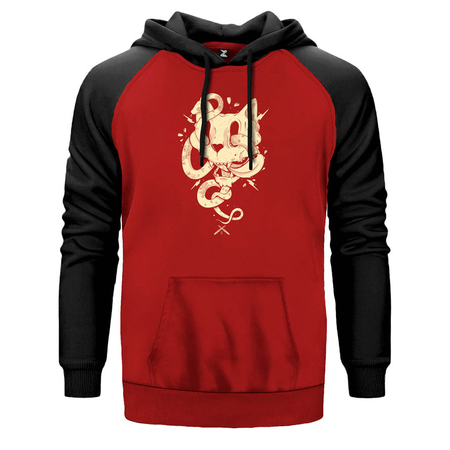 Cat Skull çift renk reglan kol kapşonlu sweatshirt - kırmızı