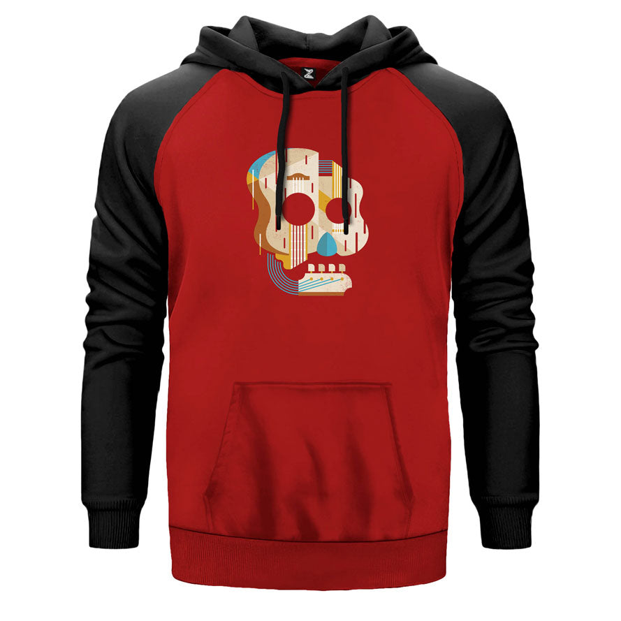 Guitar Skull çift renk reglan kol kapşonlu sweatshirt - kırmızı