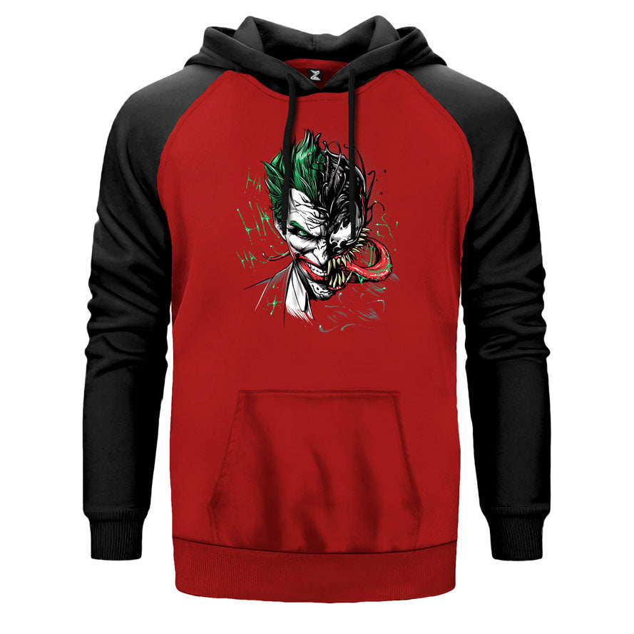 Joker Venom çift renk reglan kol kapşonlu sweatshirt - kırmızı