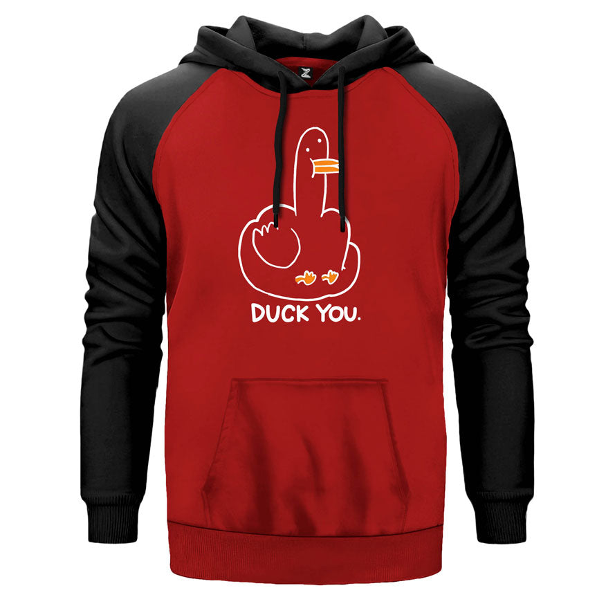 Duck You çift renk reglan kol kapşonlu sweatshirt - kırmızı