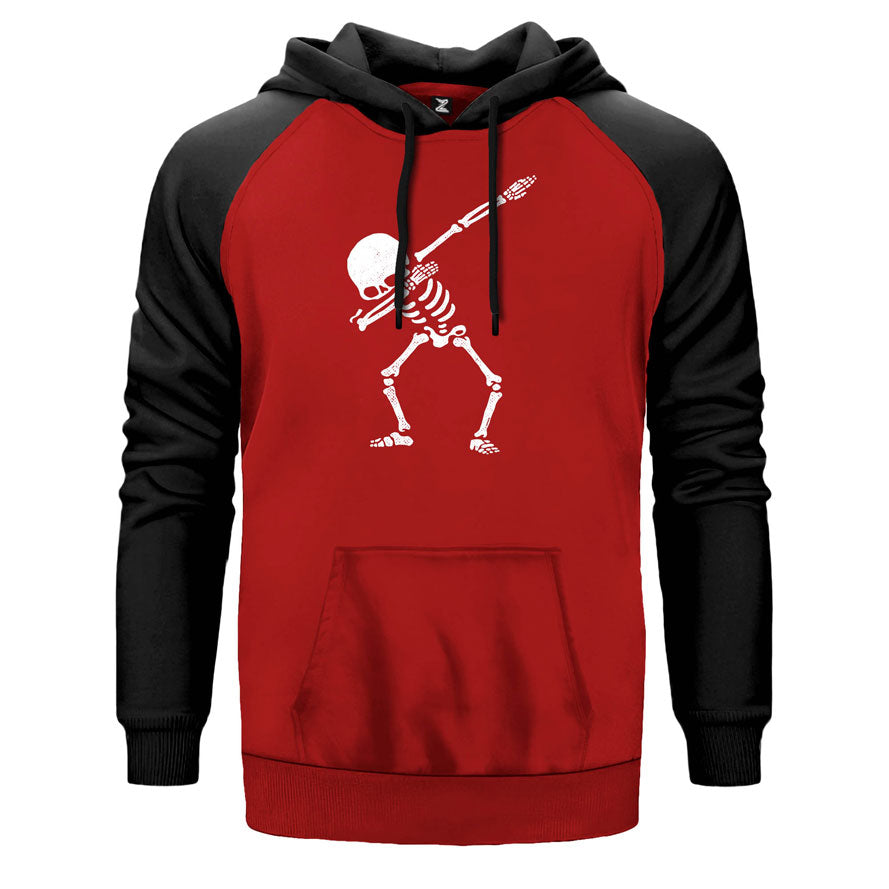 Cool Skull çift renk reglan kol kapşonlu sweatshirt - kırmızı