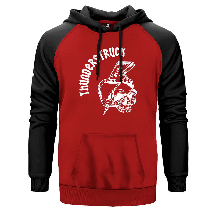 AC DC Thunderstuck Skull çift renk reglan kol kapşonlu sweatshirt - kırmızı