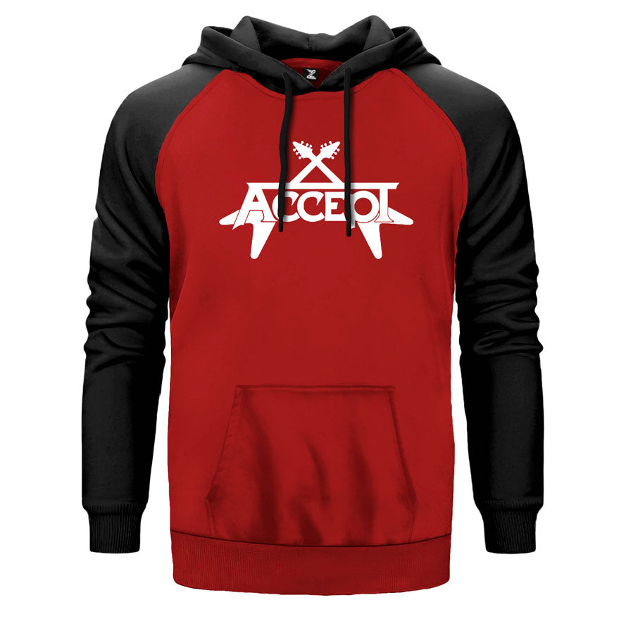 Accept Guitar çift renk reglan kol kapşonlu sweatshirt - kırmızı