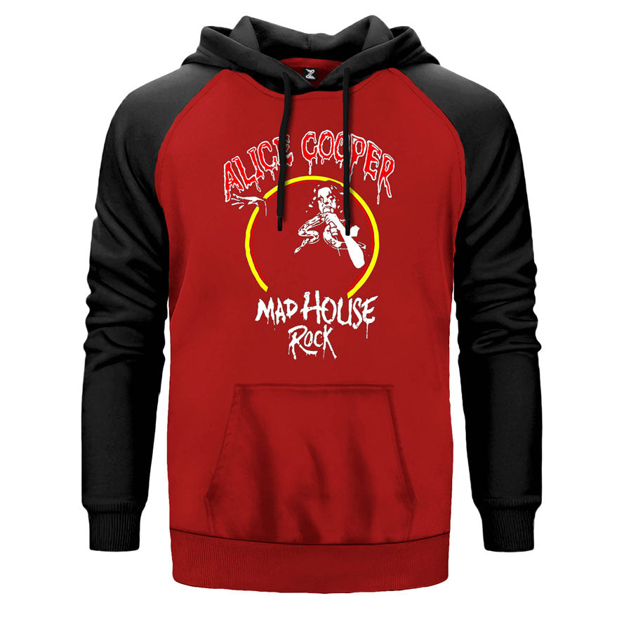 Alice Cooper Mad House çift renk reglan kol kapşonlu sweatshirt - kırmızı
