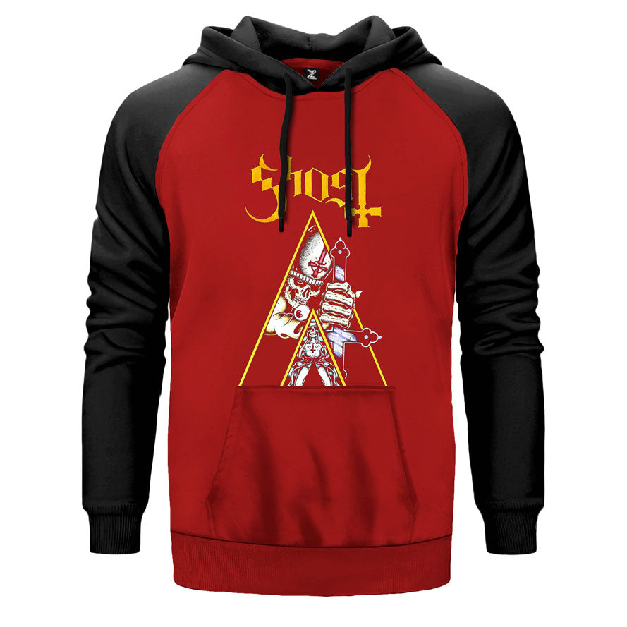 Ghost Cross çift renk reglan kol kapşonlu sweatshirt - kırmızı