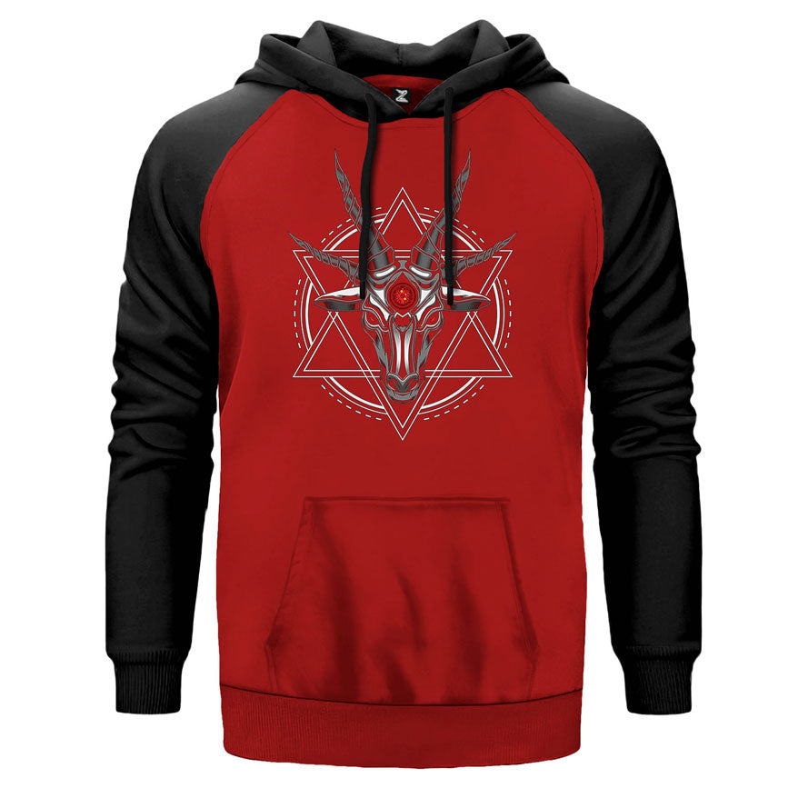 Baphomet Goat Head çift renk reglan kol kapşonlu sweatshirt - kırmızı