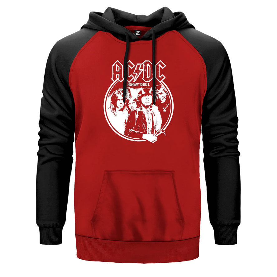 AC DC Highway to Hell çift renk reglan kol kapşonlu sweatshirt - kırmızı
