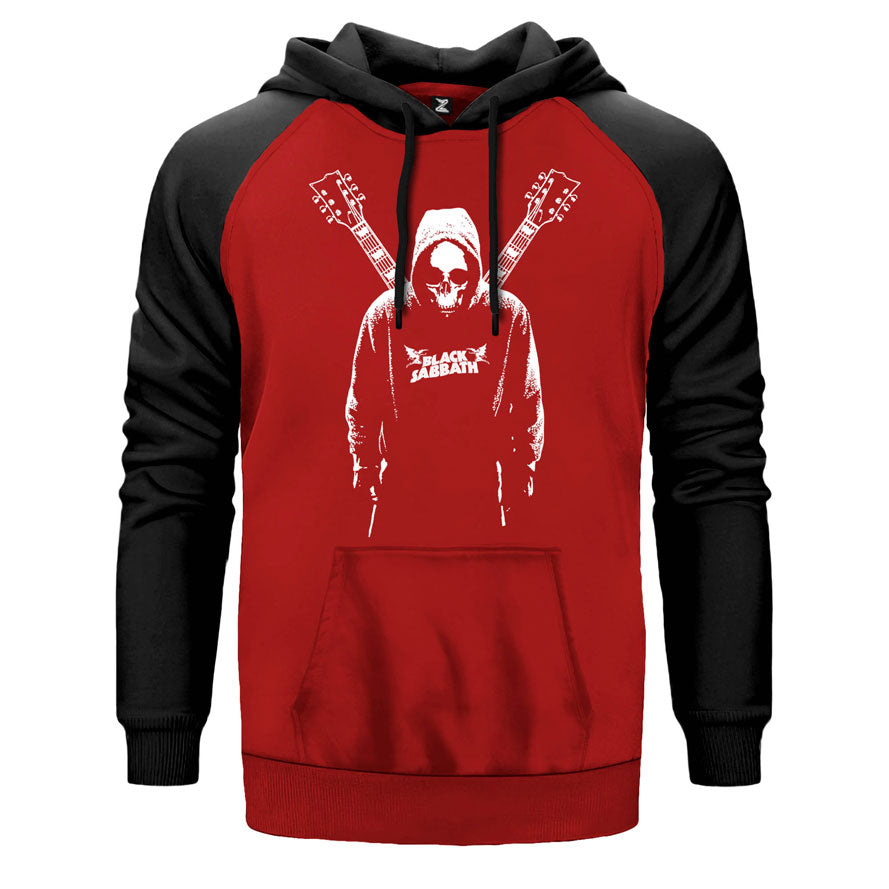 Black Sabbath Guitars çift renk reglan kol kapşonlu sweatshirt - kırmızı