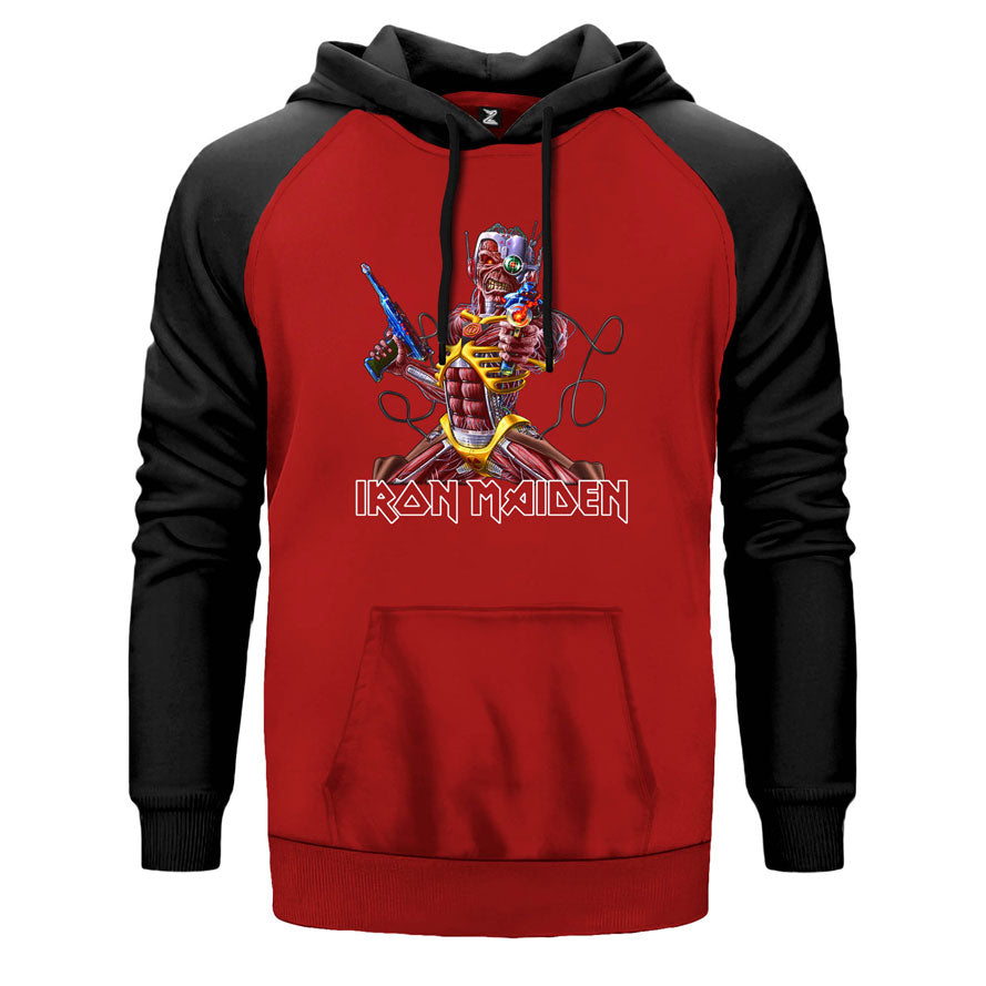 Iron Maiden in the War çift renk reglan kol kapşonlu sweatshirt - kırmızı
