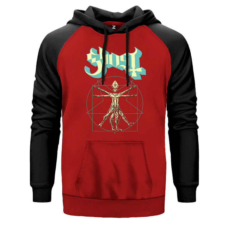 Ghost Zombie çift renk reglan kol kapşonlu sweatshirt - kırmızı