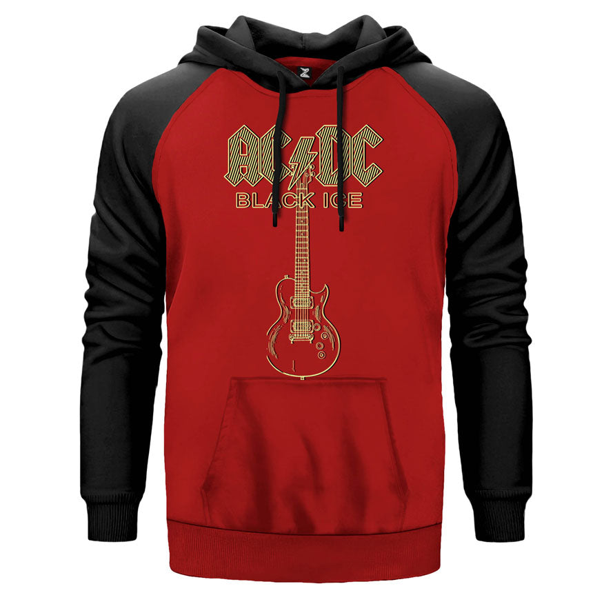 AC DC Guitar çift renk reglan kol kapşonlu sweatshirt - kırmızı