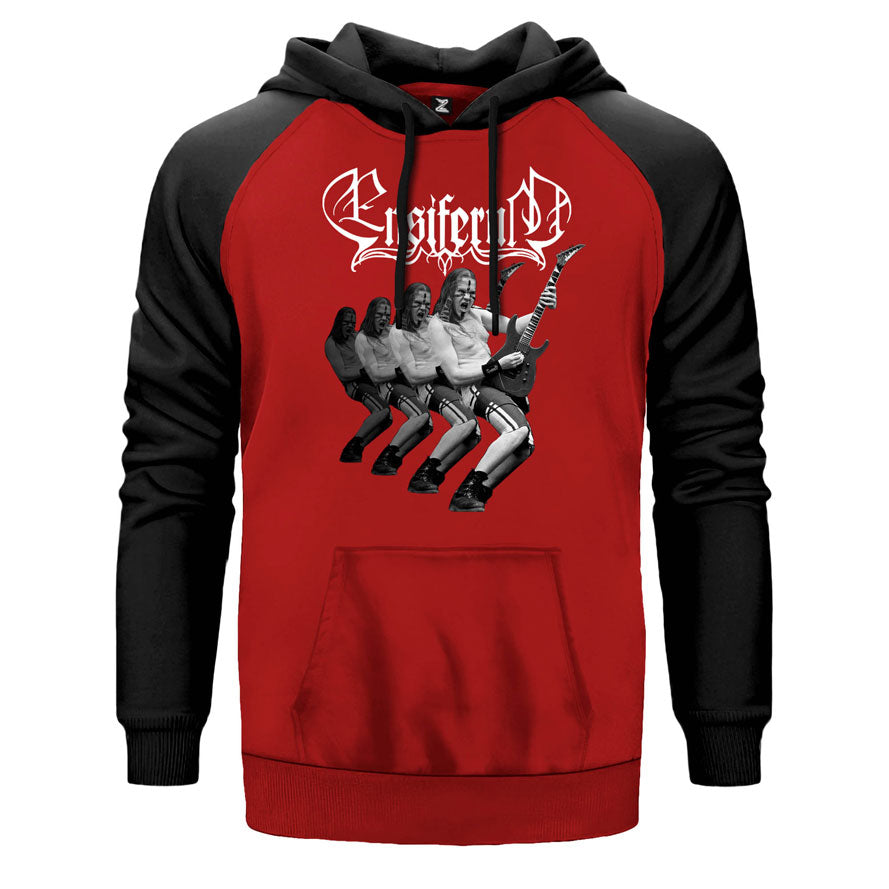 Ensiferum Markus Toivnen çift renk reglan kol kapşonlu sweatshirt - kırmızı