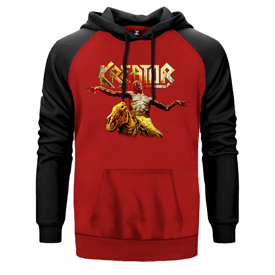 Kreator Horror çift renk reglan kol kapşonlu sweatshirt - kırmızı