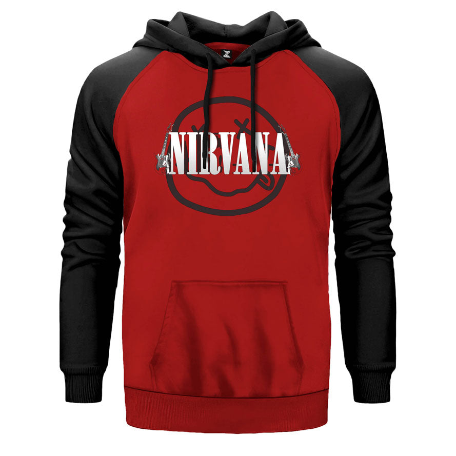 Nirvana Guitar çift renk reglan kol kapşonlu sweatshirt - kırmızı