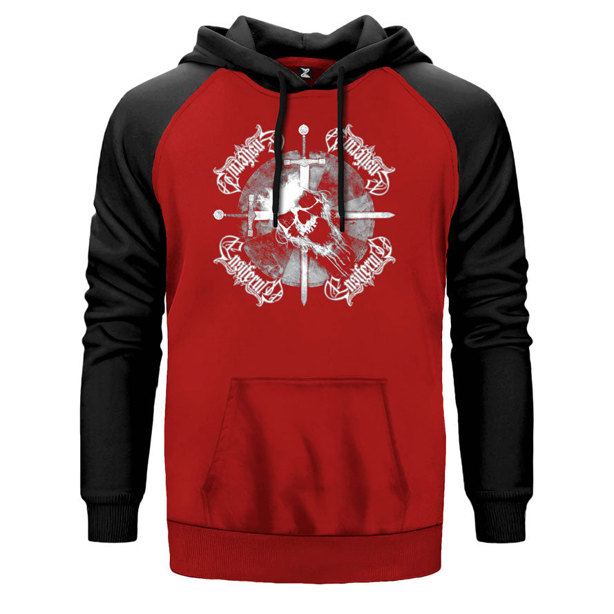 Ensiferum Skull çift renk reglan kol kapşonlu sweatshirt - kırmızı
