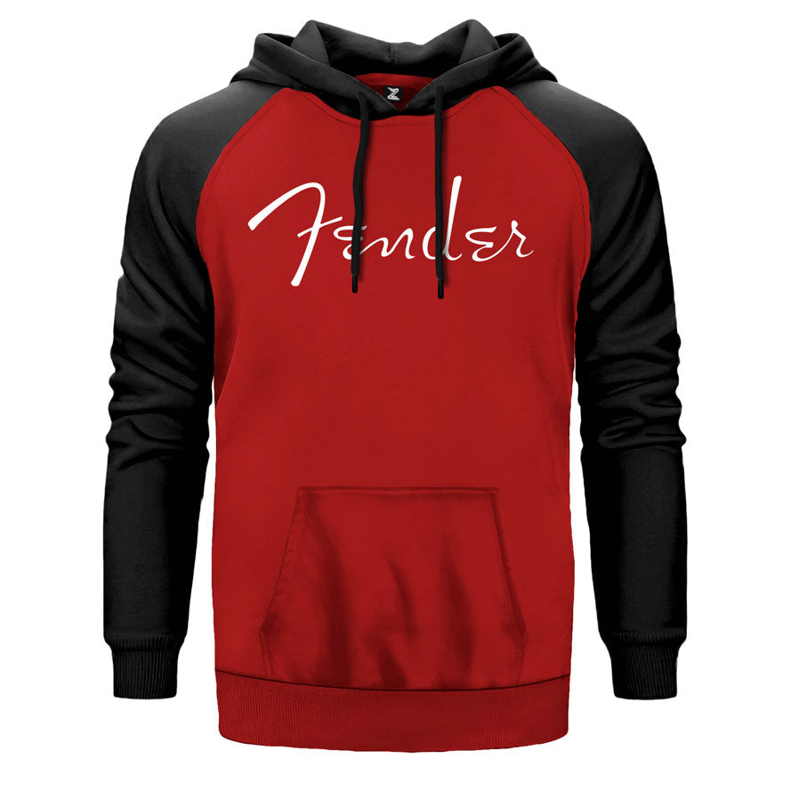 Fender Logo çift renk reglan kol kapşonlu sweatshirt - kırmızı