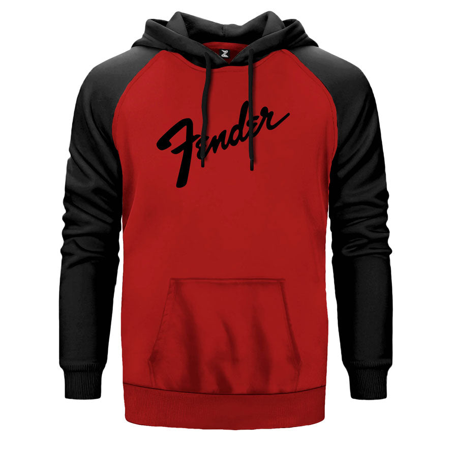 Fender Logo 3 çift renk reglan kol kapşonlu sweatshirt - kırmızı