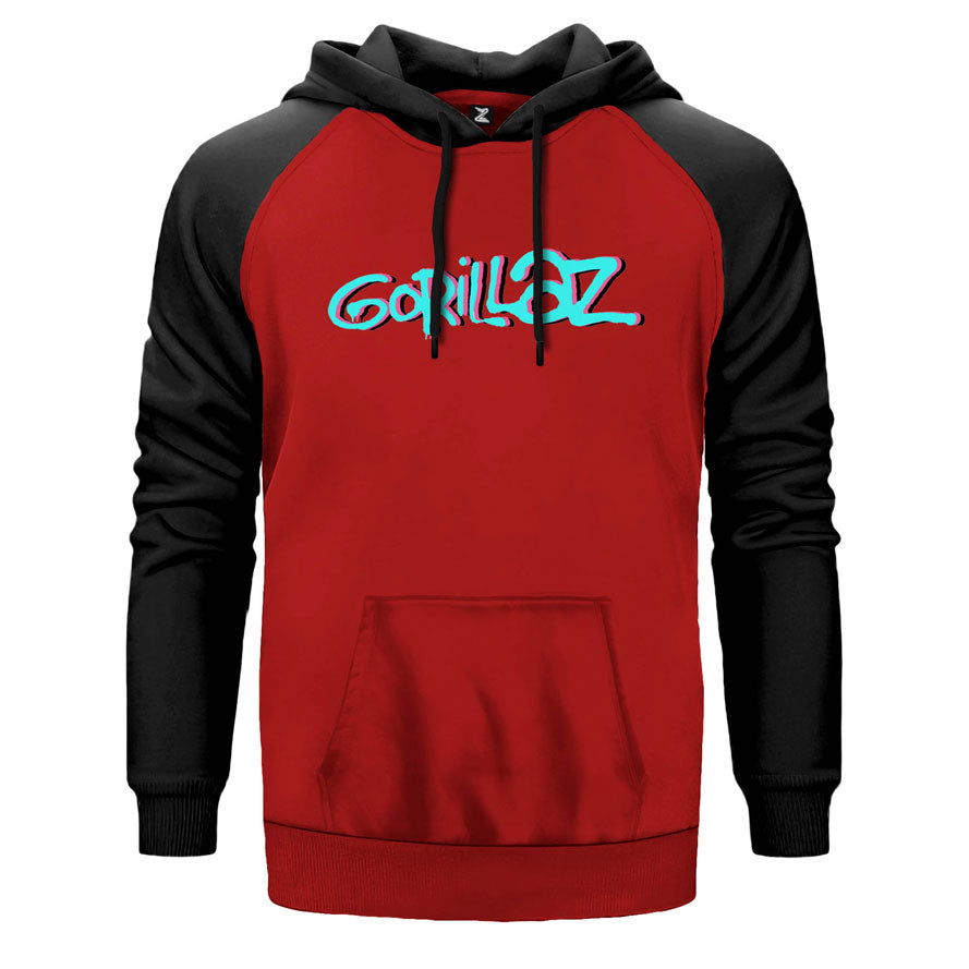 Gorillaz çift renk reglan kol kapşonlu sweatshirt - kırmızı