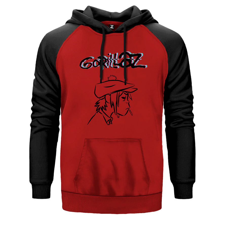 Gorillaz Head çift renk reglan kol kapşonlu sweatshirt - kırmızı