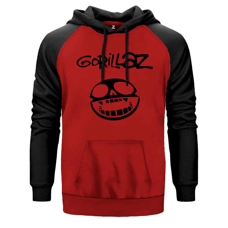 Gorillaz Smile çift renk reglan kol kapşonlu sweatshirt - kırmızı
