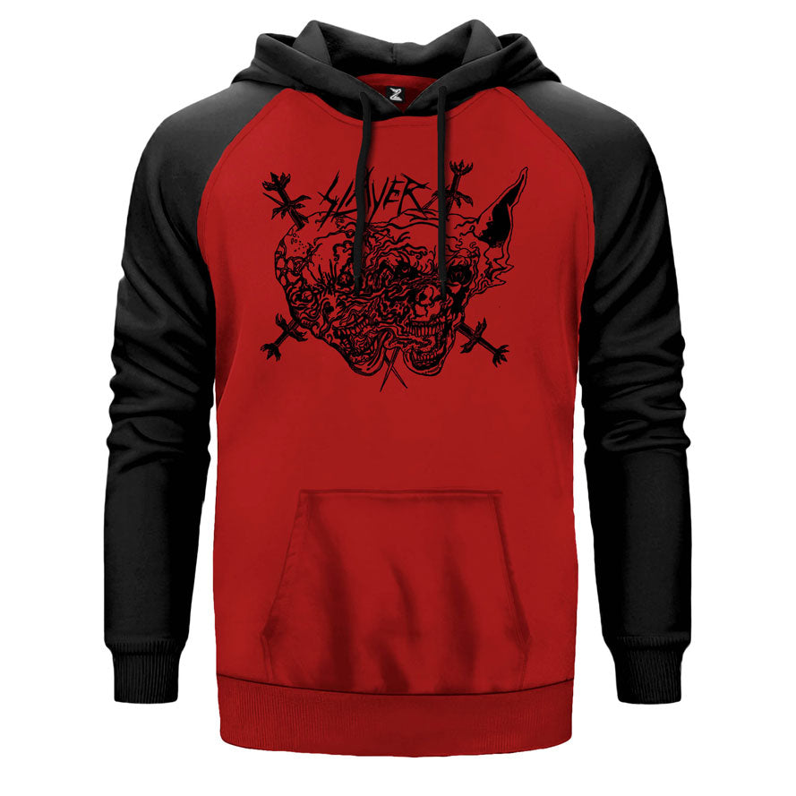 Slayer Cartoon Skull çift renk reglan kol kapşonlu sweatshirt - kırmızı