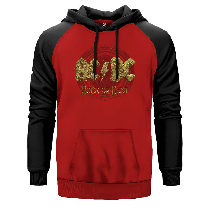 AC DC Rock Or Bust çift renk reglan kol kapşonlu sweatshirt - kırmızı