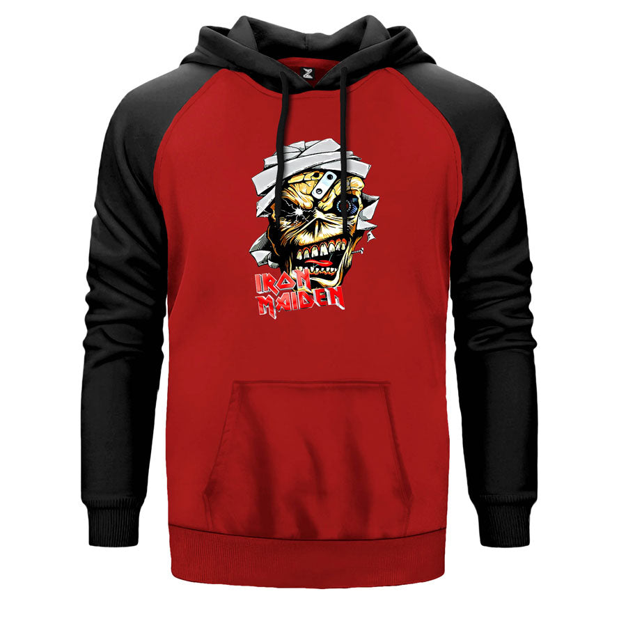 Iron Maiden Skull Cartoon çift renk reglan kol kapşonlu sweatshirt - kırmızı