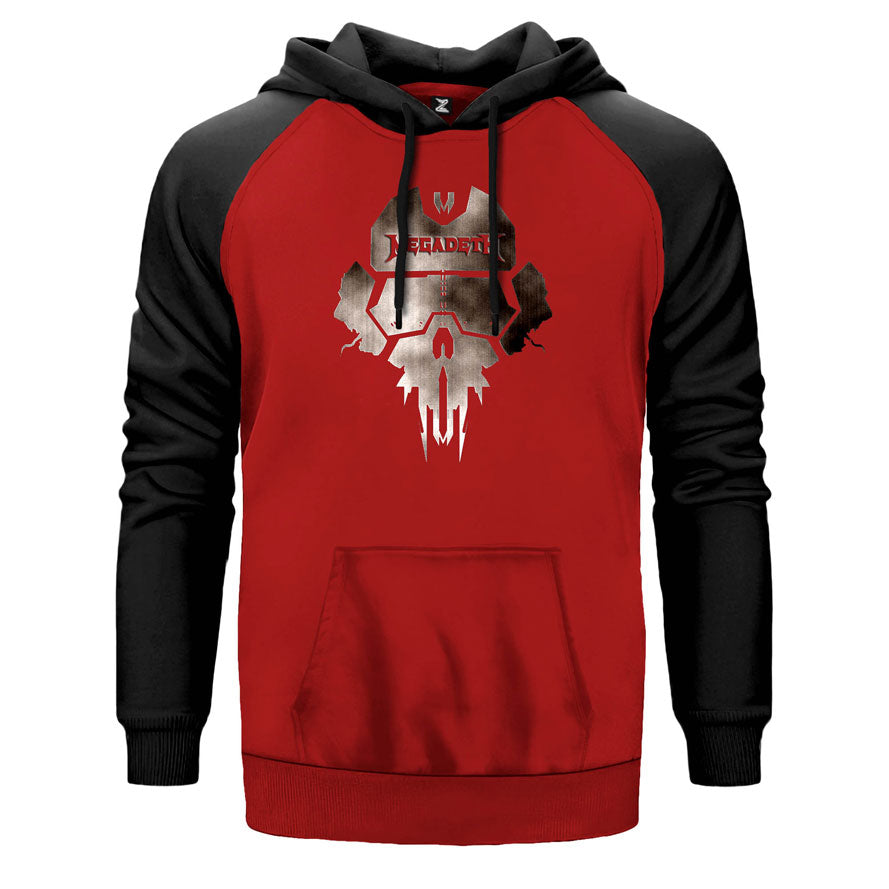 Megadeth Steel Skull çift renk reglan kol kapşonlu sweatshirt - kırmızı