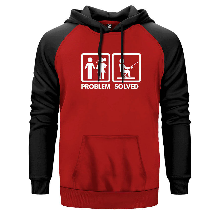 Problem Sloved Balıkçı çift renk reglan kol kapşonlu sweatshirt - kırmızı