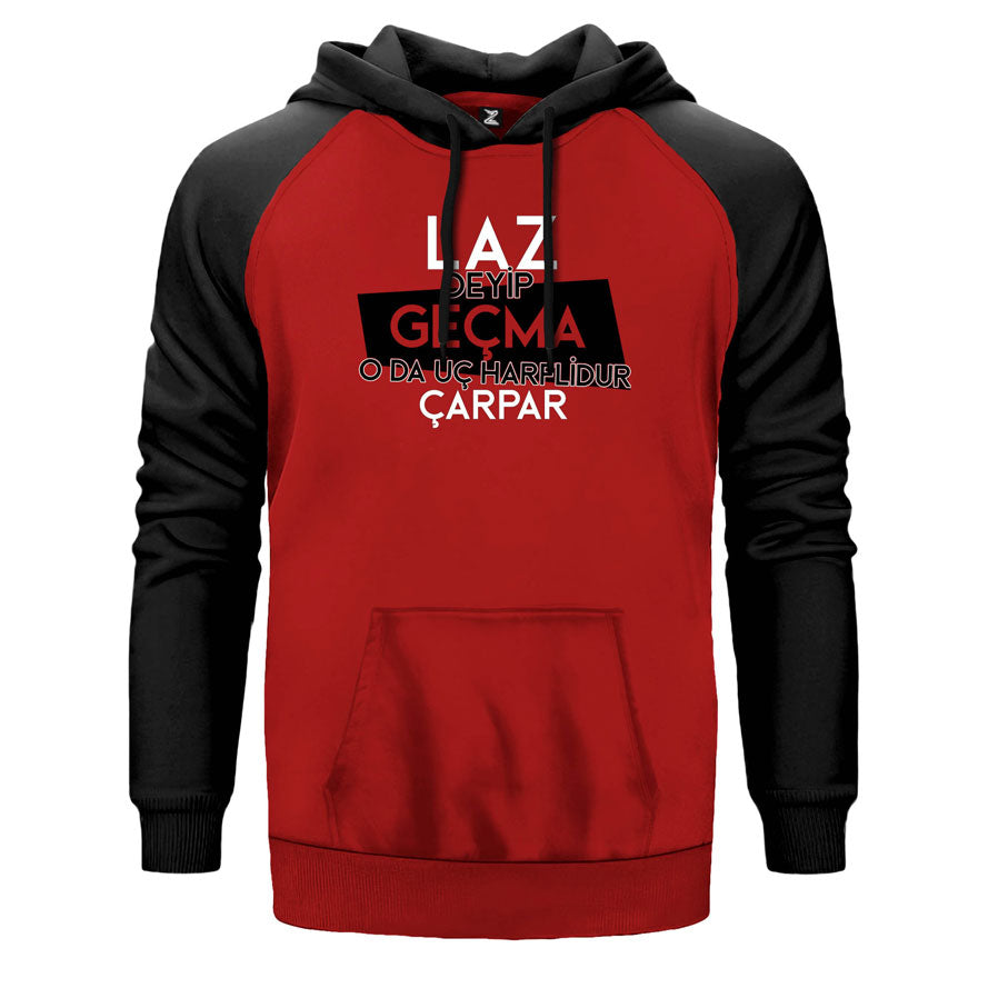 Laz Deyip Geçma çift renk reglan kol kapşonlu sweatshirt - kırmızı