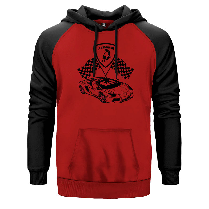 Lamborghini For Racing çift renk reglan kol kapşonlu sweatshirt - kırmızı