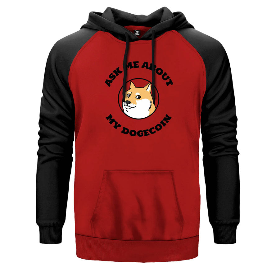 My Dogecoin Kripto çift renk reglan kol kapşonlu sweatshirt - kırmızı