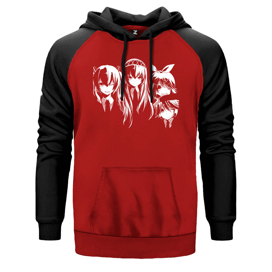 Vocaloid Team çift renk reglan kol kapşonlu sweatshirt - kırmızı