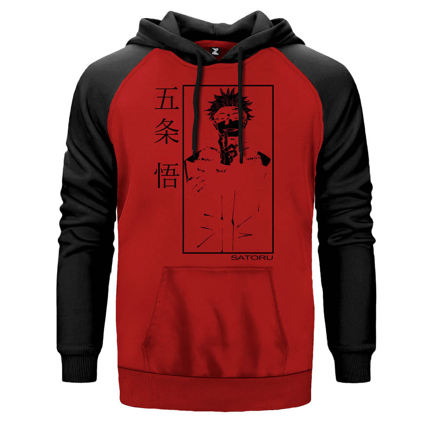 Satoru Jujustu Kaisen çift renk reglan kol kapşonlu sweatshirt - kırmızı