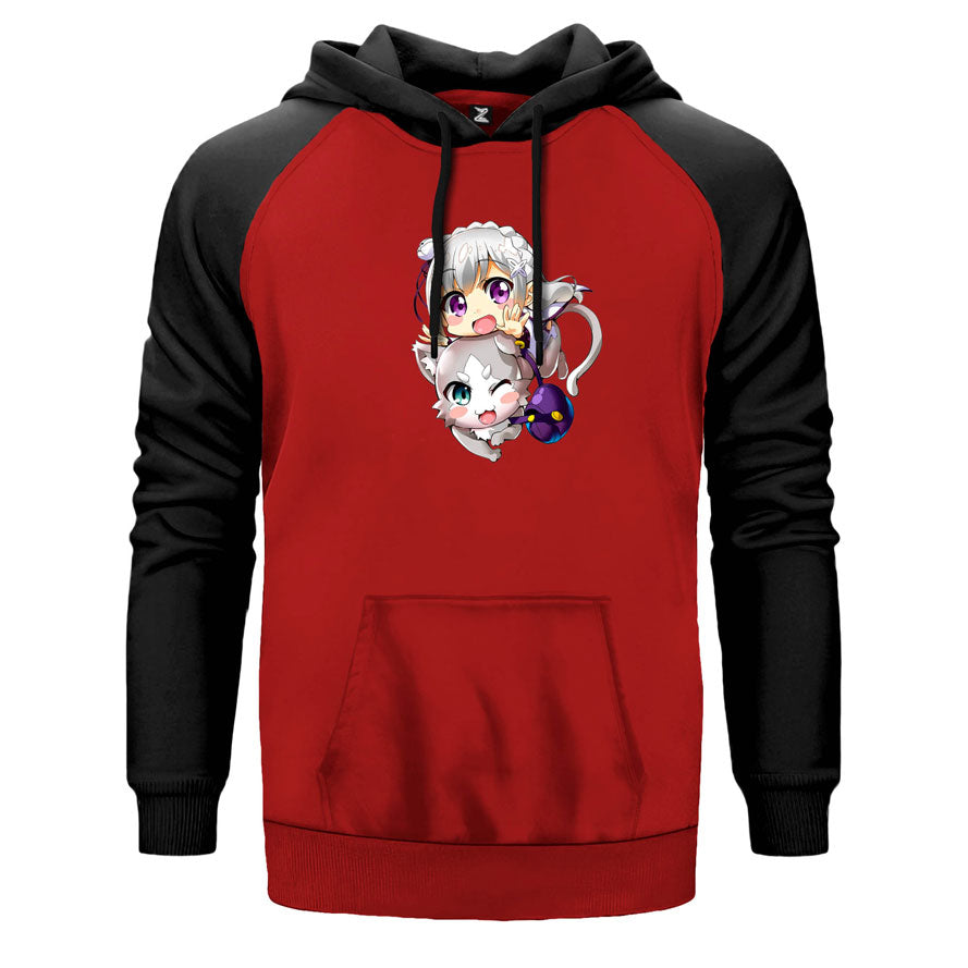 Re Zero Emilia an Pack çift renk reglan kol kapşonlu sweatshirt - kırmızı