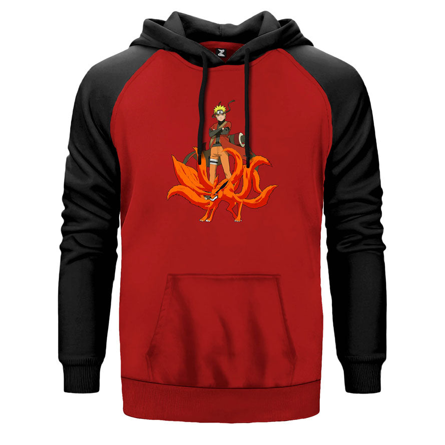 Naruto Kyubie çift renk reglan kol kapşonlu sweatshirt - kırmızı