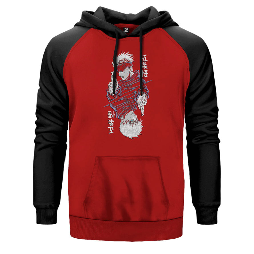 Gojo Satoru Jujutsu çift renk reglan kol kapşonlu sweatshirt - kırmızı