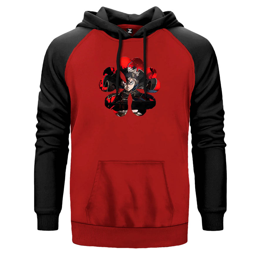 Black Clover Five Clover çift renk reglan kol kapşonlu sweatshirt - kırmızı