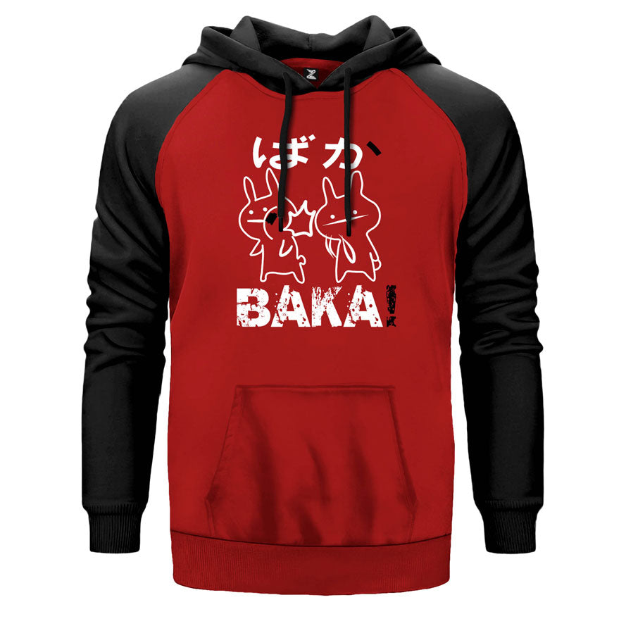 Baka çift renk reglan kol kapşonlu sweatshirt - kırmızı