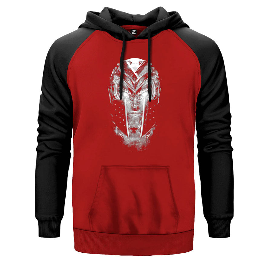 X Men Magneto çift renk reglan kol kapşonlu sweatshirt - kırmızı