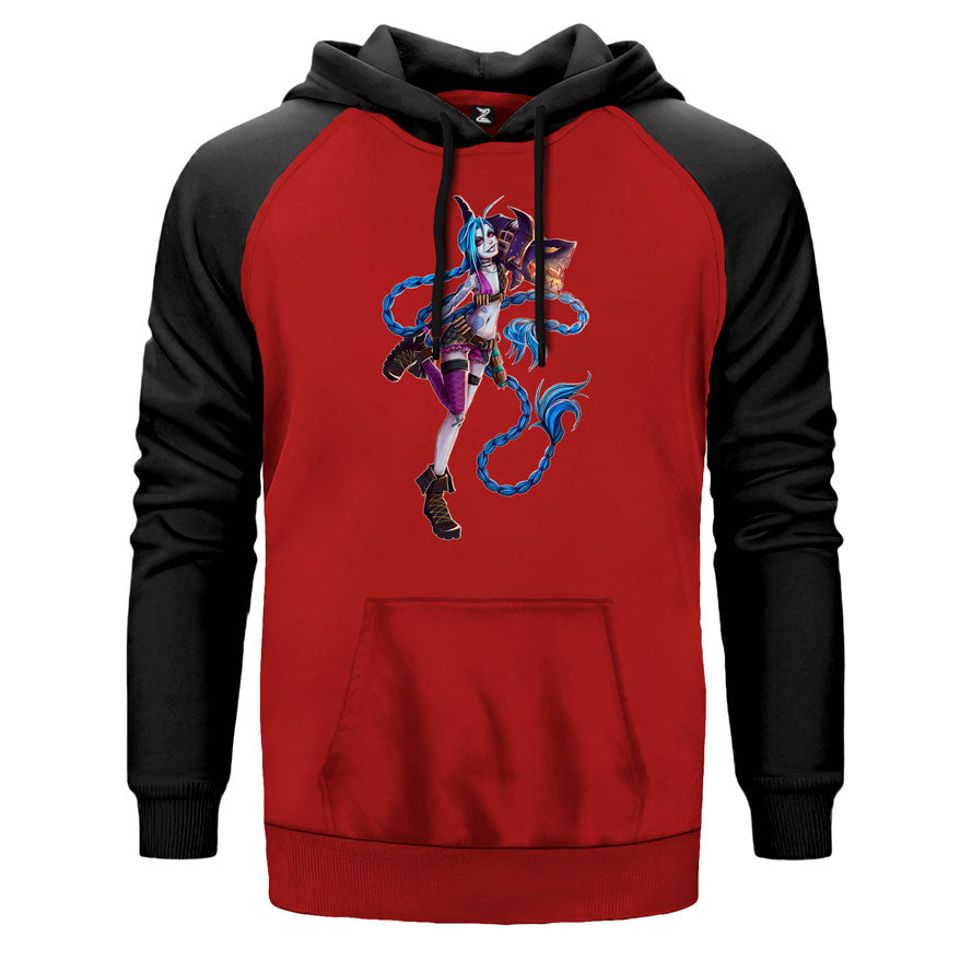 Jinx Crazy çift renk reglan kol kapşonlu sweatshirt - kırmızı