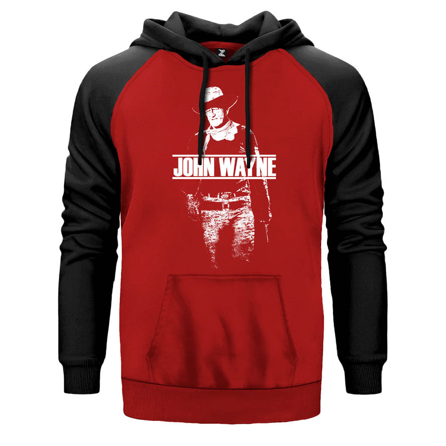 Jhon Wayne çift renk reglan kol kapşonlu sweatshirt - kırmızı