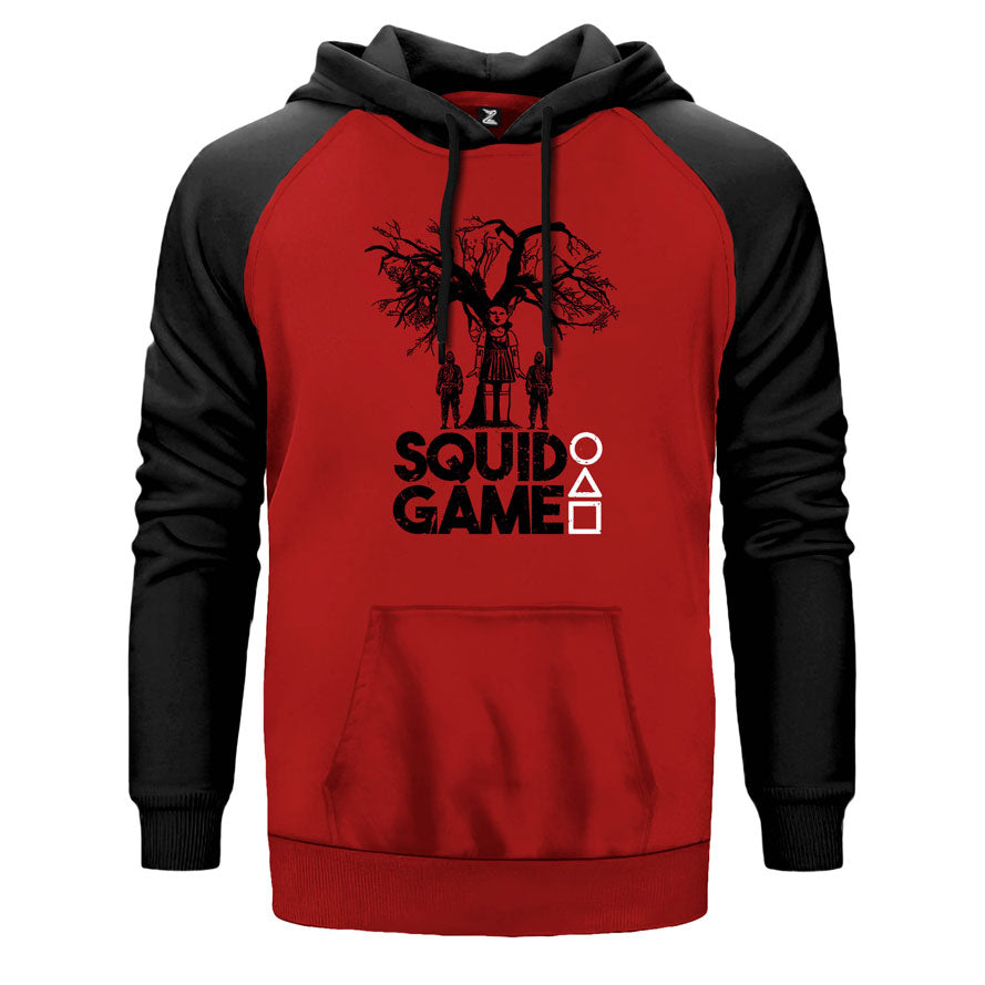 Squid Game Doll çift renk reglan kol kapşonlu sweatshirt - kırmızı