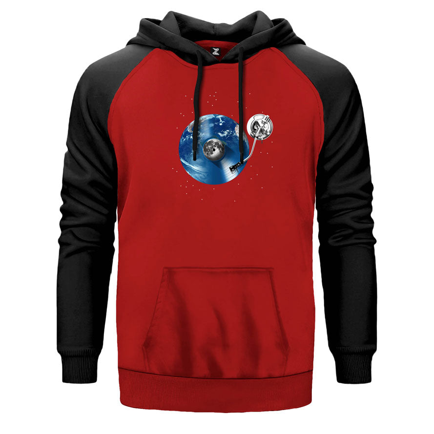 Vinyl World çift renk reglan kol kapşonlu sweatshirt - kırmızı