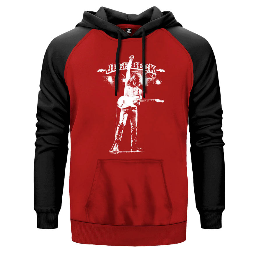 Jeff Back Gitar çift renk reglan kol kapşonlu sweatshirt - kırmızı