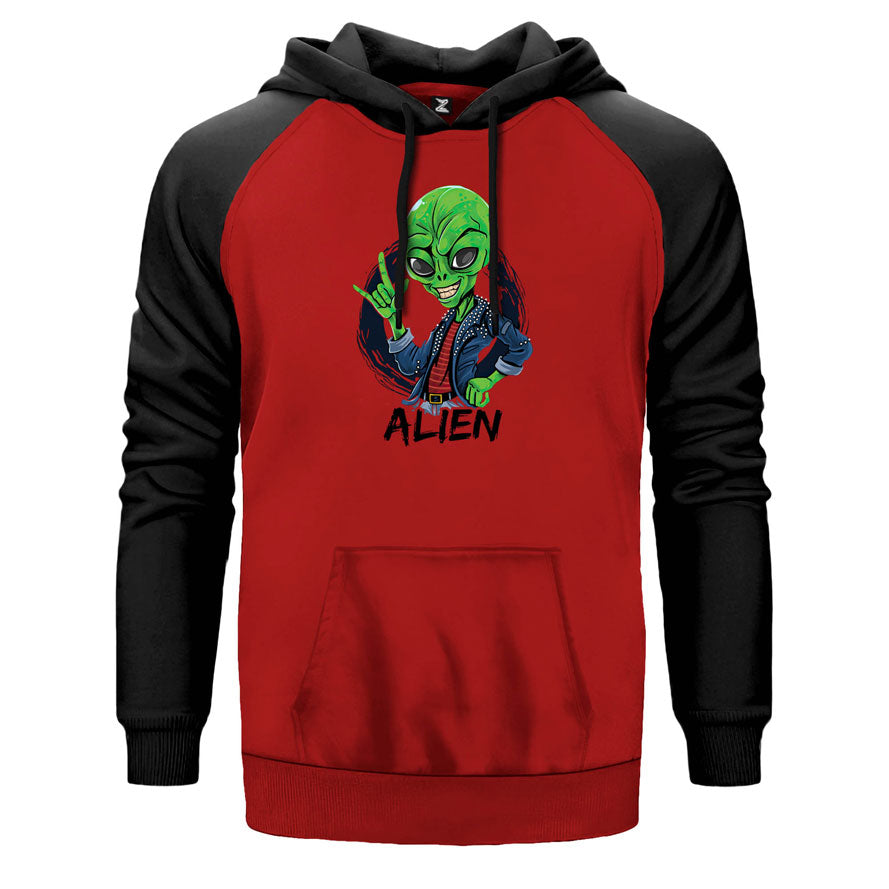 Rock Star Alien çift renk reglan kol kapşonlu sweatshirt - kırmızı