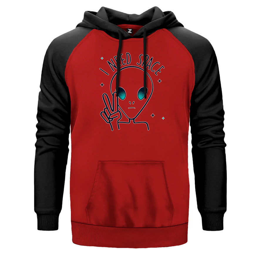Alien I Need Space çift renk reglan kol kapşonlu sweatshirt - kırmızı