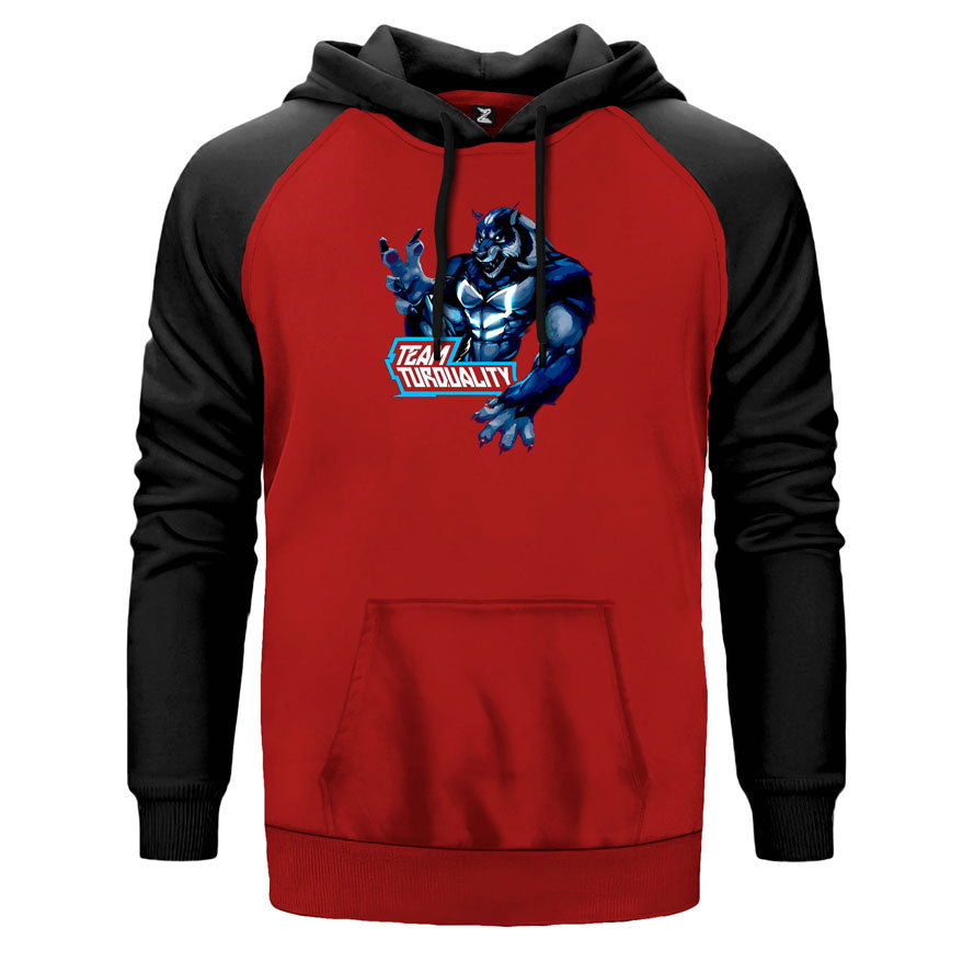 Turquality Wolf çift renk reglan kol kapşonlu sweatshirt - kırmızı
