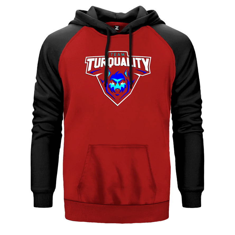 Turquality çift renk reglan kol kapşonlu sweatshirt - kırmızı