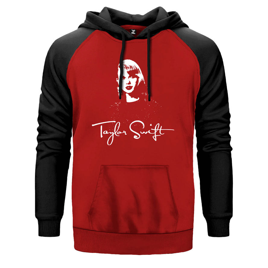 Taylor Swift Silhouette çift renk reglan kol kapşonlu sweatshirt - kırmızı